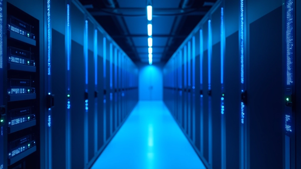 Serverio koridorius su mėlynom LED šviesos juostom, šaltai šviestas duomenų centras