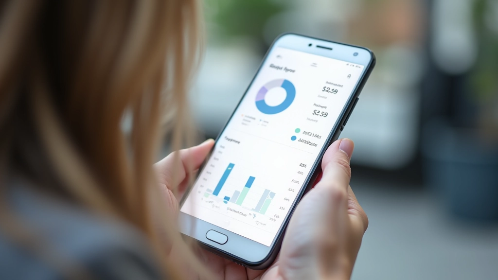 Išmanūs telefonas rodo biudžeto grafiką ir finansinės analizės rezultatus, minimalistinis dizainas